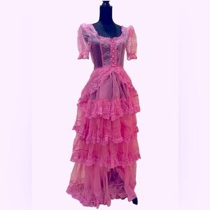 Current Mood Pretty Imperfect Gothic Ruffle Pink Lace Maxi Dress